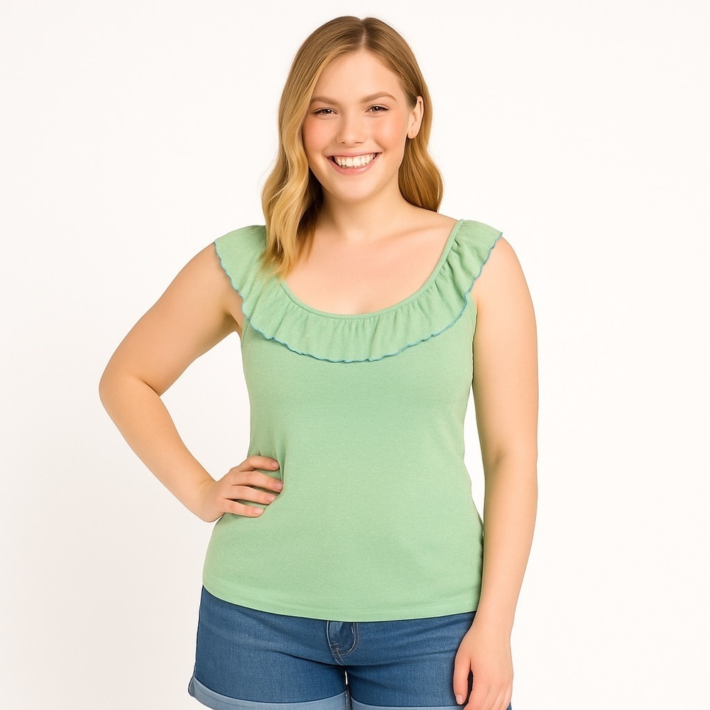 MICHAEL STARS Lime Green w/ Metallic Gold Thread & Blue Trim Ruffle Tank Top